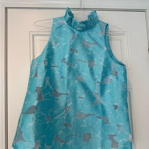 Tuckernuck Aqua Floral Ruffle Mock Neck Sleeveless Blouse